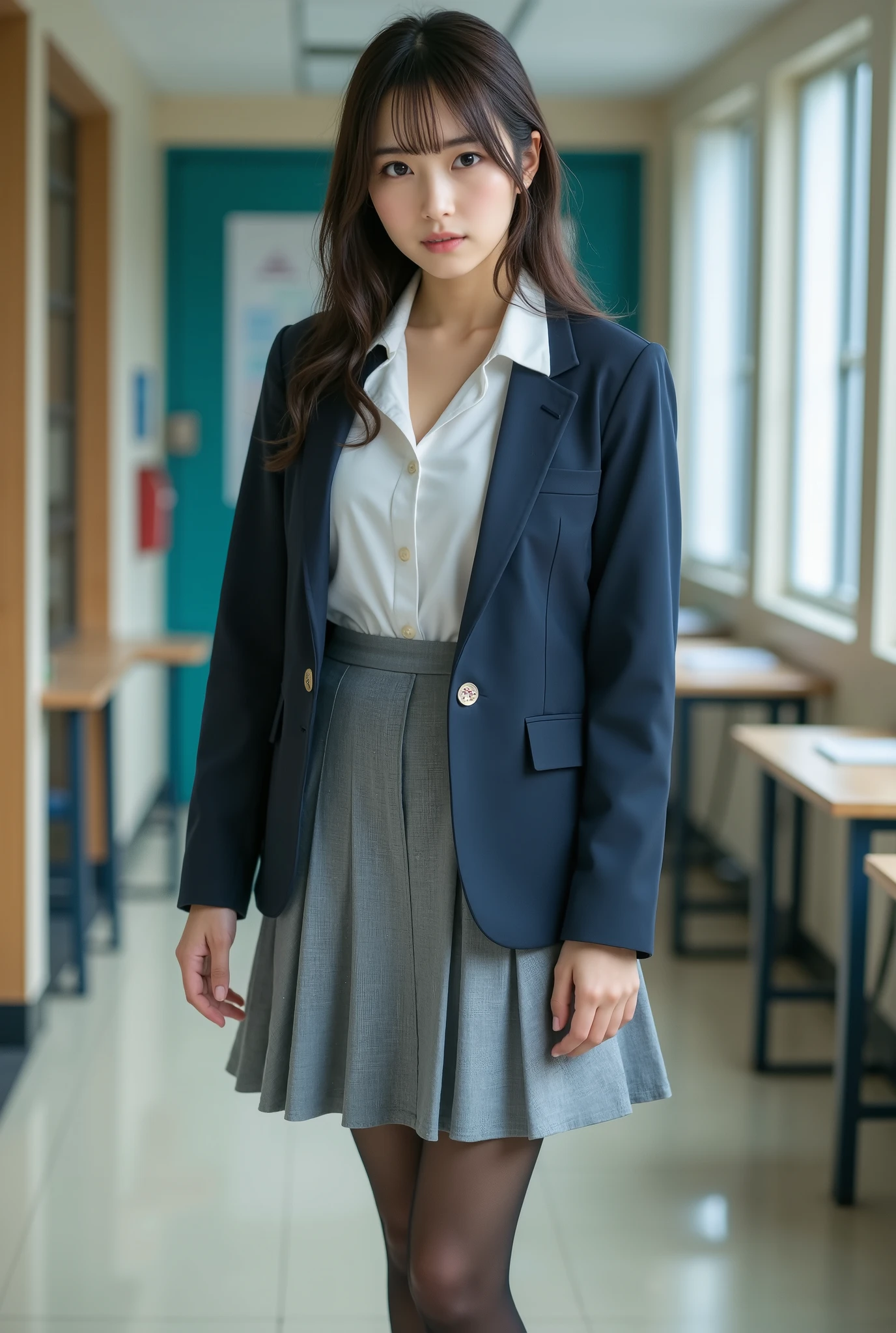 ( realistic:1.3, like the picture:1.5, RAW photos , Model Photo), Magazine cover photo, She's a Japanese fresh fashion model , The perfect figure everyone admires , ( small smile :1.1), symmetrical eyes, with rings , double eyelid , thin eyebrows on boots, thin lips, glossy lips , white skin, Thin legs, thin legs , (Ultra-detailed skin:1.2), toned skin , (realistic skin:1.2), ( super detailed eyes:1.2), (cute makeup:1.5), ( cute face:1.3),
break,
( 1 girl, Alone:1.3, 20 years old:1.3), ((Extremely detailed beautiful breasts , D cup breasts):1.3), (Hard chest, beautifully shaped breasts), ((Half-up hairstyle:1.5, long hair:1.3)), no bangs , full body shot、
break,
(High school teacher uniform :1.3), ( pencil skirt (color : grey)):1.2, ( white blouse, suit jacket (color : Navy), ( black stockings, pantyhose, Stiletto heels)):1.3),
break,
(( She's standing in front of her classroom door , close the door, and look back with an enchanting expression ):1.5)
break,
(( upper body shot :1.3)),