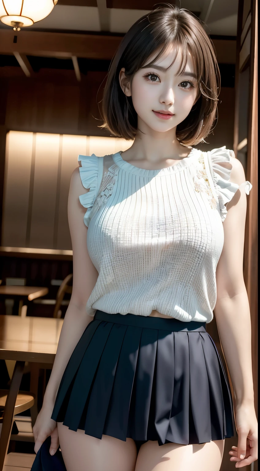 One girl, Short hair up to shoulders,Black Hair,smile, summer, Inside the room,Bed,Sit down,Office Lady,front,blouse,Skirt above the knee,Down to the feet,Fair skin, (masterpiece, Highest quality), Soft Light, Structure of the film, Like in the movies