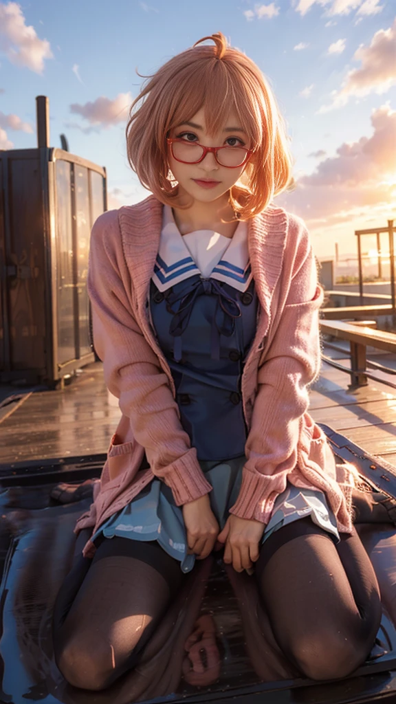 Landscape of a very beautiful 1girl, (((face exposed)))!!!, (cowboy shot), (((front focus))), (((background Blurry))), Bokeh, lens flare,  photography with Fujifilm XT3, depth of field, film grain, female focus, BREAK, Kuriyama Mirai/(Beyond the Boundaries/), anime style, (((1girl leaning at rooftop trellis)))!!!, (((Sunset far away)))!!!, (((orange sky_there is no cloud)))!!! (looks at the audience with beautiful light brown eyes)!, Ultra detailed eyes, Beautiful light brown eye's like sapphire :1.40, Stars in her fixed eyes, (homochromatic eyes)!!!, wry smile, long sleevemouth, (thin fresh peach lips)!, (Blush)!, (((blush face)))!!!, Perfect nose, Cute little nose, beatiful face, Face Clean, realistic Skin, hyper realistic, Perfect eyebrow appear through pink peach hair, pink peach hair between eyes, pink peach hair bangs, (ultra shine pink peach hair)!!, ((low cut bob straight hair))!!, (((red glasess))) ((dynamic composition)), BREAK, detached sleeves, clouse shoulders, /(((wear original costume of kurimiya mirai from beyond tge boundaries/)))!!!, ((sailor school uniform_sailor collar))!!, ((open pink salmon cardigan))!!, medium breasts, (((medium breast covered with white silk))!!, (blue pleated skirt)!, slim legs, ((open skirt))!!, ((((open smooth thight))))!!!!, ((thighhighs))!!, black stocking_pantyhose, vivid color clothes, detailed realistic clothes, BREAK, Best Quality, Masterpiece, Ultra-detailed, Beautiful, hight resolution, Original, CG 8K, perfect photo, dramatic  lighting, Beautiful lighting, (((Realistic fantasy art)))!!!, Realistic, Full HD, Best Quality, award winning, (8k wallpaper of extremely detailed CG unit), High Details, sharp-focus, The art of dramatic and photorealistic painting, ((at a roof top of school building)), dynamic composition, breathtaking rendering, strong color, deep shadow