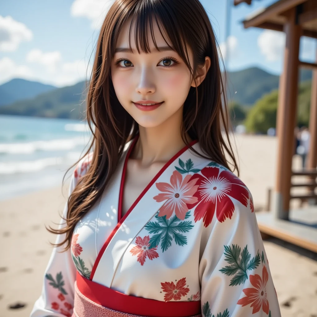 (masterpiece:1.2, top quality ), , one young woman ,break,((from her side,gorgeous kimono,:1.7),break,( big smile:1.4),break,(standing , Watch Viewers .:1.3),( is short, Very Slim Body :1.4),break, black wavy hair,(Beautiful and cute eyes),Blushed,  healthy skin, ,break,(beach, Watch Viewers .throw:1.3),(  cute background:1 ),break,text "HAPPY NEW YEAR",8k resolution,,break,(perfectly focused :1.3),,(, colorful ,:1),,( depth of writing),,Bokeh, ,Luminous and  colorful  lighting setup for model photography,lens flare,, cinematic lighting ,  ray tracing 、spot lighting