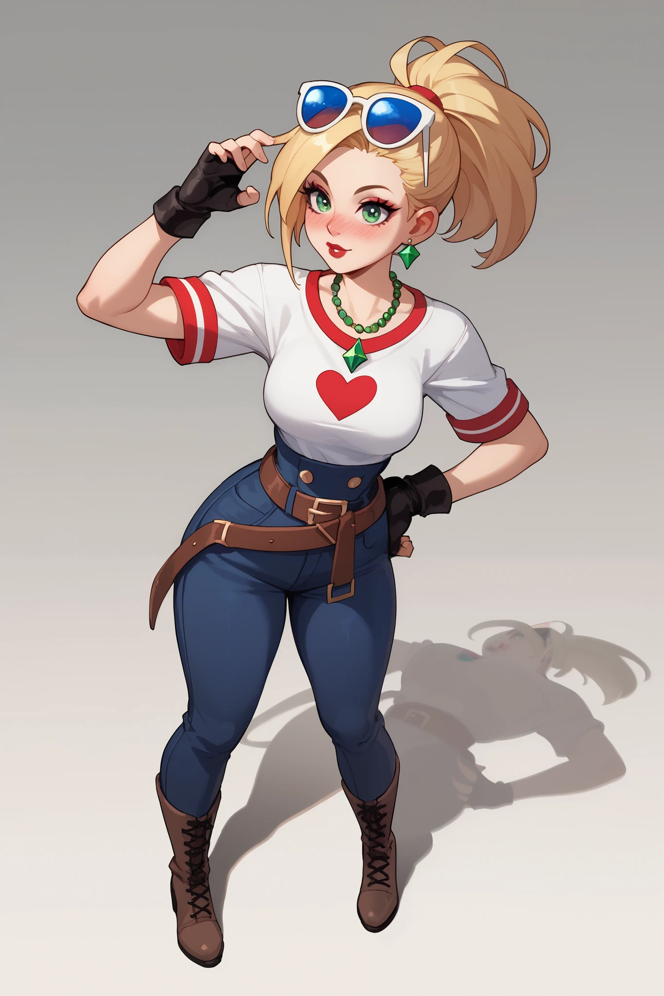 20 year old girl, ponytail blonde hair, lots of red stripes on hair, blue sunglasses on head, cute face, green eyes, long eyelashes, light blush, green earrings, prism necklace, black swin top, black swin bottom, fingerless gloves, very loose brown belt, steel toe boots, thin waist, standing, relaxed down arms, cute pose, red Lips, Makeup, Nose Blush, Full body overview, fullbody view 