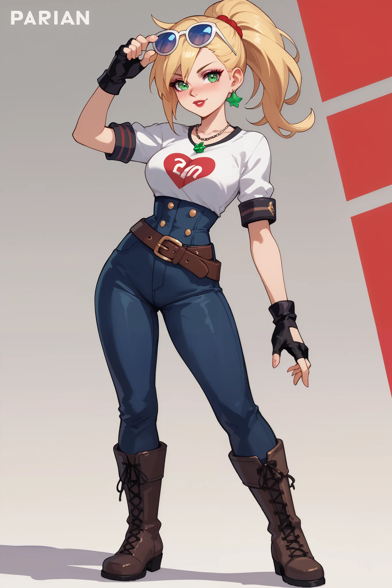 20 year old girl, ponytail blonde hair, lots of red stripes on hair, blue sunglasses on head, cute face, green eyes, long eyelashes, light blush, green earrings, prism necklace, black swin top, black swin bottom, fingerless gloves, very loose brown belt, steel toe boots, thin waist, standing, relaxed down arms, cute pose, red Lips, Makeup, Nose Blush, Full body overview, fullbody view