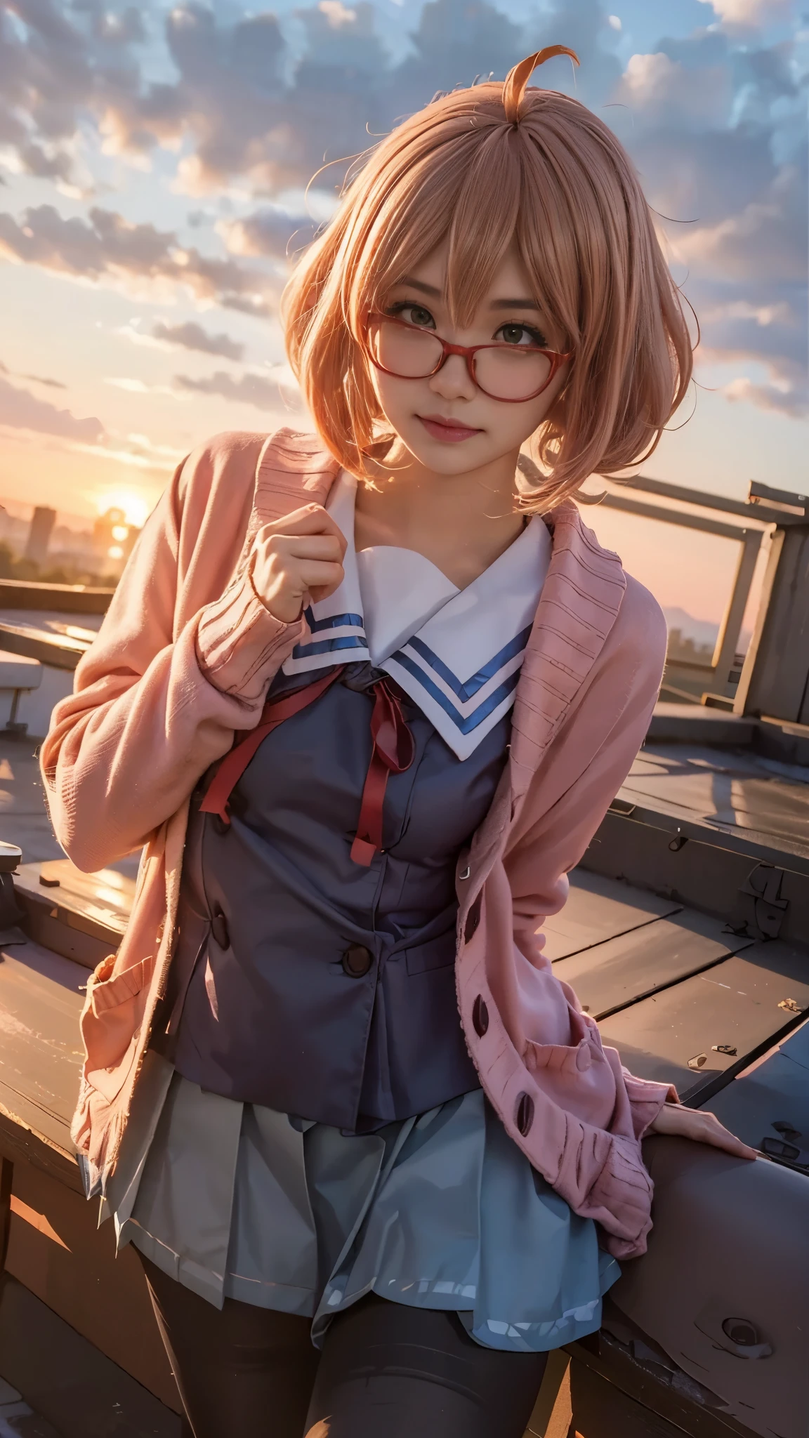 Landscape of a very beautiful 1girl, (((face exposed)))!!!, (cowboy shot), (((front focus))), (((background Blurry))), Bokeh, lens flare,  photography with Fujifilm XT3, depth of field, film grain, female focus, BREAK, Kuriyama Mirai/(Beyond the Boundaries/), anime style, (((1girl leaning at rooftop trellis)))!!!, (((Sunset far away)))!!!, (((orange sky_there is no cloud)))!!! (looks at the audience with beautiful light brown eyes)!, Ultra detailed eyes, Beautiful light brown eye's like sapphire :1.40, Stars in her fixed eyes, (homochromatic eyes)!!!, wry smile, long sleevemouth, (thin fresh peach lips)!, (Blush)!, (((blush face)))!!!, Perfect nose, Cute little nose, beatiful face, Face Clean, realistic Skin, hyper realistic, Perfect eyebrow appear through pink peach hair, pink peach hair between eyes, pink peach hair bangs, (ultra shine pink peach hair)!!, ((low cut bob straight hair))!!, (((red glasess))) ((dynamic composition)), BREAK, detached sleeves, clouse shoulders, /(((wear original costume of kurimiya mirai from beyond tge boundaries/)))!!!, ((sailor school uniform_sailor collar))!!, ((open pink salmon cardigan))!!, medium breasts, (((medium breast covered with white silk))!!, (blue pleated skirt)!, slim legs, ((open skirt))!!, ((((open smooth thight))))!!!!, ((thighhighs))!!, black stocking_pantyhose, vivid color clothes, detailed realistic clothes, BREAK, Best Quality, Masterpiece, Ultra-detailed, Beautiful, hight resolution, Original, CG 8K, perfect photo, dramatic  lighting, Beautiful lighting, (((Realistic fantasy art)))!!!, Realistic, Full HD, Best Quality, award winning, (8k wallpaper of extremely detailed CG unit), High Details, sharp-focus, The art of dramatic and photorealistic painting, ((at a roof top of school building)), dynamic composition, breathtaking rendering, strong color, deep shadow