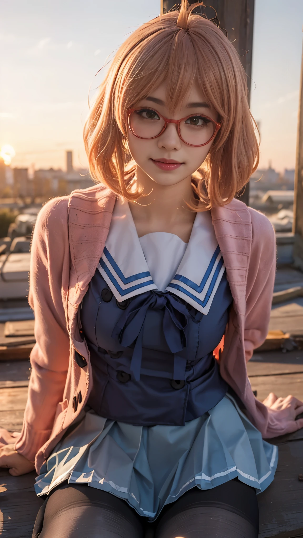 Landscape of a very beautiful 1girl, (((face exposed)))!!!, (cowboy shot), (((front focus))), (((background Blurry))), Bokeh, lens flare,  photography with Fujifilm XT3, depth of field, film grain, female focus, BREAK, Kuriyama Mirai/(Beyond the Boundaries/), anime style, (((1girl leaning at rooftop trellis)))!!!, (((Sunset far away)))!!!, (((orange sky_there is no cloud)))!!! (looks at the audience with beautiful light brown eyes)!, Ultra detailed eyes, Beautiful light brown eye's like sapphire :1.40, Stars in her fixed eyes, (homochromatic eyes)!!!, wry smile, long sleevemouth, (thin fresh peach lips)!, (Blush)!, (((blush face)))!!!, Perfect nose, Cute little nose, beatiful face, Face Clean, realistic Skin, hyper realistic, Perfect eyebrow appear through pink peach hair, pink peach hair between eyes, pink peach hair bangs, (ultra shine pink peach hair)!!, ((low cut bob straight hair))!!, (((red glasess))) ((dynamic composition)), BREAK, detached sleeves, clouse shoulders, /(((wear original costume of kurimiya mirai from beyond tge boundaries/)))!!!, ((sailor school uniform_sailor collar))!!, ((open pink salmon cardigan))!!, medium breasts, (((medium breast covered with white silk))!!, (blue pleated skirt)!, slim legs, ((open skirt))!!, ((((open smooth thight))))!!!!, ((thighhighs))!!, black stocking_pantyhose, vivid color clothes, detailed realistic clothes, BREAK, Best Quality, Masterpiece, Ultra-detailed, Beautiful, hight resolution, Original, CG 8K, perfect photo, dramatic  lighting, Beautiful lighting, (((Realistic fantasy art)))!!!, Realistic, Full HD, Best Quality, award winning, (8k wallpaper of extremely detailed CG unit), High Details, sharp-focus, The art of dramatic and photorealistic painting, ((at a roof top of school building)), dynamic composition, breathtaking rendering, strong color, deep shadow