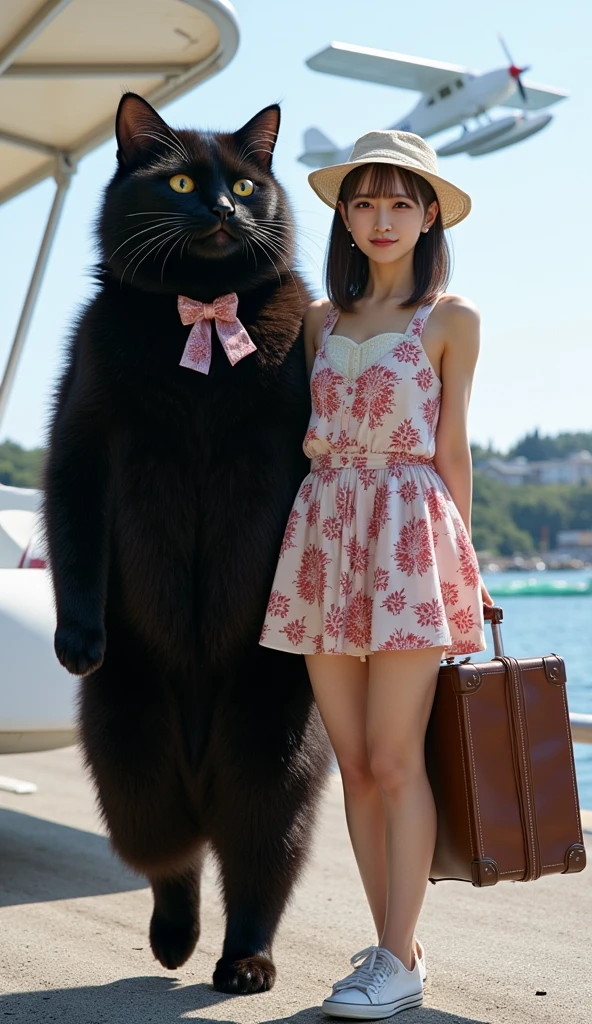 ultra-realistic, photorealistic, dramatic scene, shadow, global-illumination, solo, 1 girl\( 20 years old Japanese beautiful girl, beautiful with cute face, wearing a cute patterned one-piece dress with long skirt, pastel camisole, shoulder-length brown hair, accessories, simple sneaker, elegant hat\), 1 human-like giant black cat\( human-like giant black cat, bow tie, wearing a conservative aloha-shirt, slight taller than the girl, with her, wearing an dark colored aloha-shirt, holding a large suits case, little chubby\), the girl and human-like giant black cat are standing at the private flying boat port, (there is a flying boat with single propeller and equipped wing-mounted floats taking off from the sea), monoplane