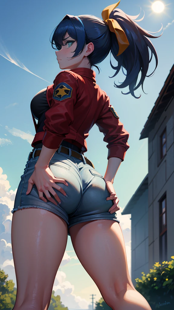  1 Woman ,  High Definition  , high res, super real ,8k, Ah Serena,  Ponytail,(  Multi Colored Hair ), green eyes, Red Jacket,  black shirt ,belt, white skirt,  tight skirt ,  ,Europe, sexy, upper body close-up, chatting , dynamic angle,tutor,,  small  ,Outdoors, moonlight, Dark Skies, building, full body,4K,  Ultra Fine, perfect face,  detailed face  , (profile),  is standing,(throw,   Closed Shots:1.2),  wide thighs  ,(from behind),( huge ass :1.5),( show your butt)