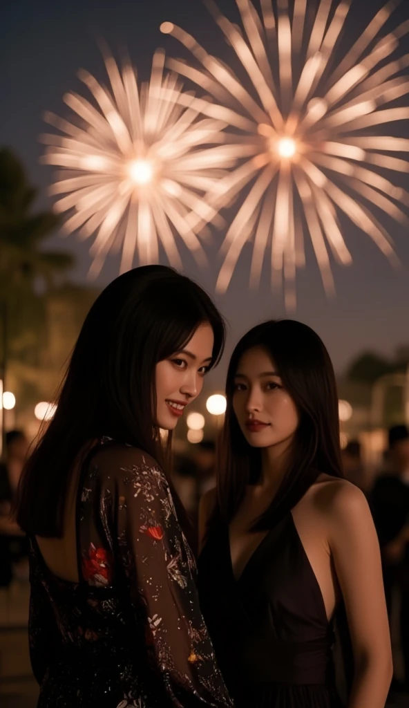 ((Photorealistic:1.5, tabletop:1.5, 8K, RAW shooting)), (Highest quality, masterpiece, ultra-high resolution), Mysterious portrait, Perfect dynamic composition, Professional camerawork, Extremely detailed skin and face texture:1.3, Growth light effect, Ultra-detailed, One girl, (At a festival venue, Full moon night:1.3, Fireworks filling the screen:1.3), (Colorful yukata), Model figure, Beautiful and clear face, (Eyes conveying beautiful eros:0.9, Enchanted expression:1.0, "I love you from the bottom of my heart":0.8, Slightly open mouth, Lips conveying beautiful eros:0.7), (Dark brown short hair, Hair blowing in the wind), Medium chest, Necklace, (Tilting, Rising), ((Attraction))