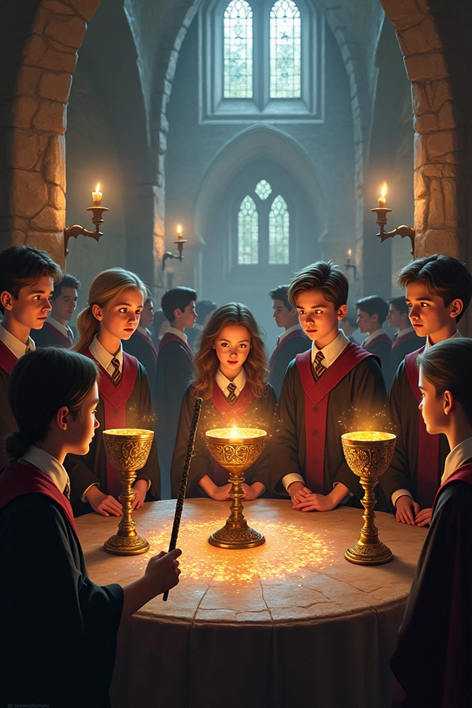 Children praying around a shiny treasure chest with a real golden human heart inside tied with chains in a church (Photo Real)