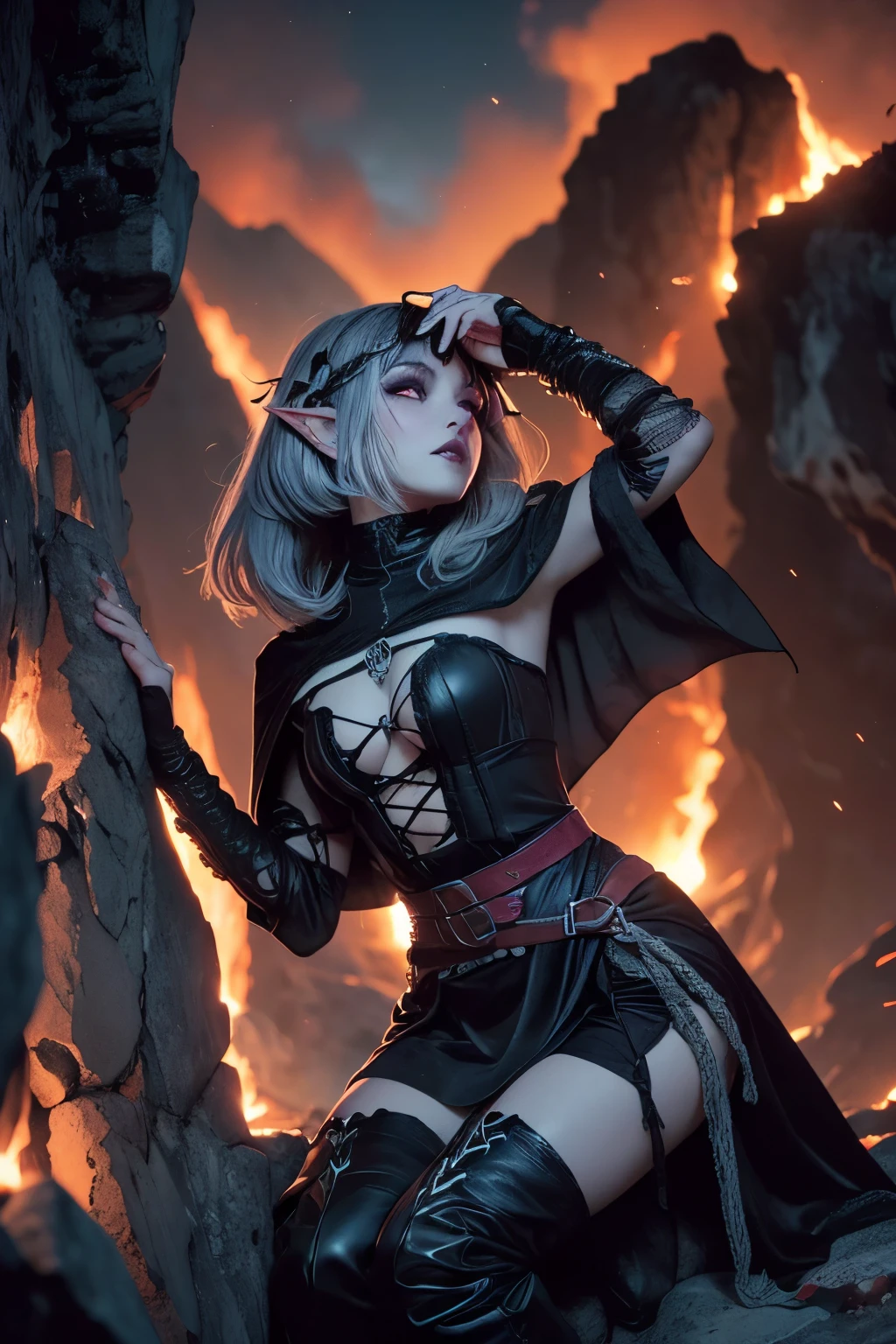 (Ultra-detailed face, Looking away, Gothic Illustration, Dark tone colors.), BREAK (As a plume of smoke shrouds the area in white, a female dark elf explorer climbs from ledge to ledge, hanging her limbs on rocky clues in the burning volcanic terrain. Steam erupts from everywhere, and red molten lava flows down from remote rock faces. The female rogue grips a rope tied to a rock and holds up one hand to protect her face from the hot air. On her back she carries a small backpack full of climbing gear.), BREAK (The young female dark elf rogue has half black, half gray hair with white eyebrows, blunt bangs, hair tied in a bow around her shoulders, small pink lips, dark purple skin, and thick eyeliner.), BREAK (A female dark elf rogue wears goggles shifted across her forehead and a jet-black velour lace-up dress with silver trim and a thin cape. She wears a wide crimson sash around her waist and a necklace and bracelet made of iridescent beads. She wears fur-trimmed leather boots.), BREAK (This is a scorching volcanic area where even the rocks burn. A mountainous area covered in rocks and lava, where legend has it that the Red Dragon lives. Steam is constantly billowing out and covering the area.)