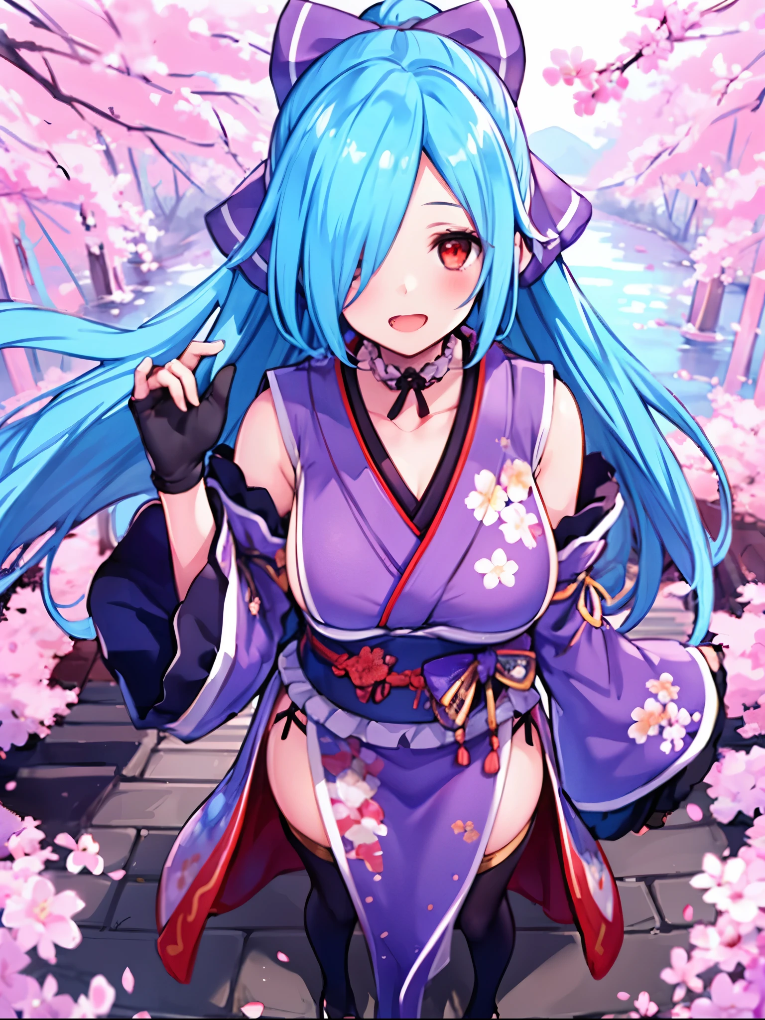 masterpiece, best quality, (1girl, solo),
yamato iori, 1ung_teirl, virtual youtuber, solo, gloves, bow, hair bow, long hair, hair over one eye, thighhighs, blue hair, fingerless gloves, red eyes, japanese clothes, full body, detached sleeves, ponytail, looking at viewer, black gloves, very long hair, (heavy&soft_large_breasts:1.4), purple bow, kimono, smile, open mouth, transparent background, standing, sash, obi, purple kimono
blush,cherry blossoms,
( outdoors, forest, upper body, dynamic pose, looking at viewer, ),plump