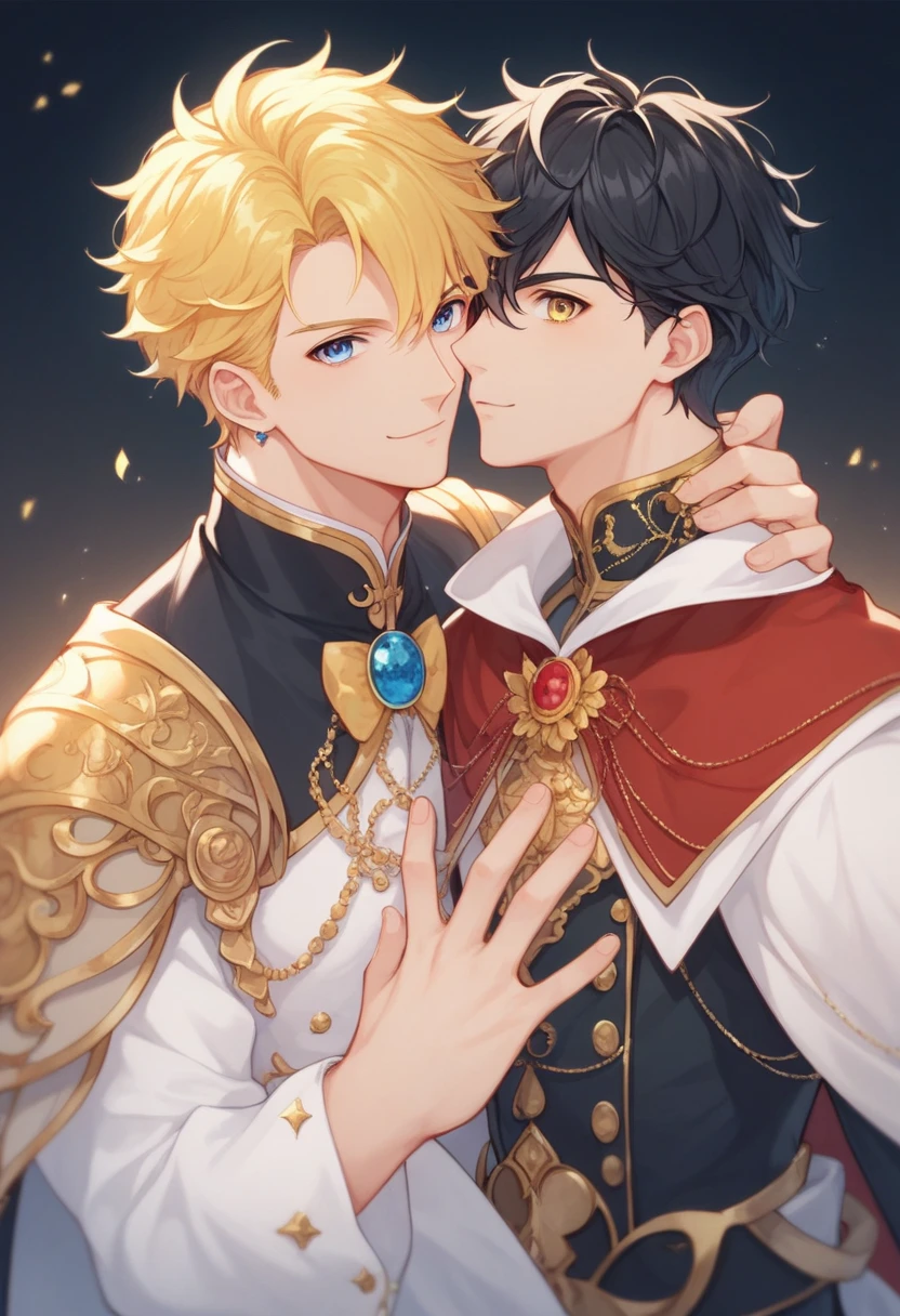 absurdres, highres, ultra detailed, HDR, master piece, best quality, extremely detailed face, delicated features, Gilgamesh, blond messy hair, closed eyes, fate grand order, Zhongli, black hair, closed eyes, two sexy men kissing, gay couple, handsome, black coat with fur, red coat with fur, fantasy clothes, room, night