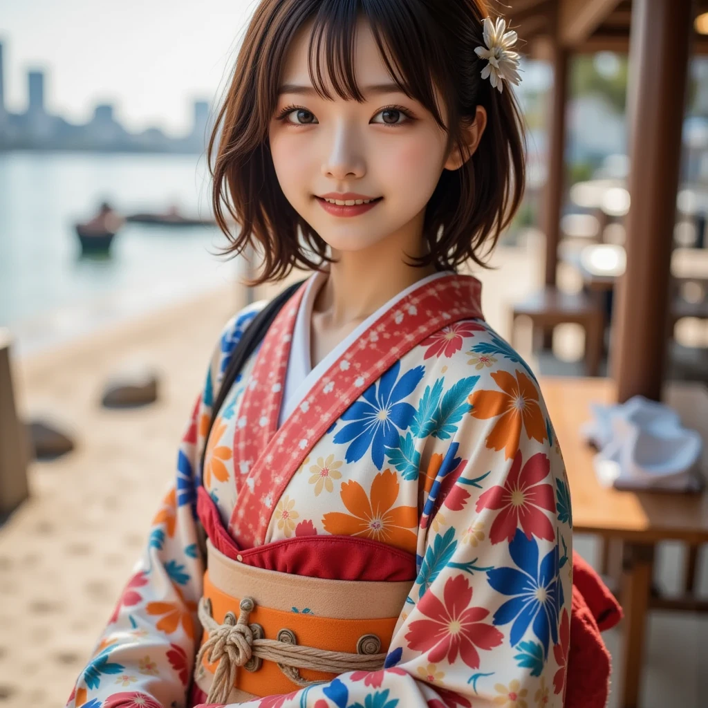 (masterpiece:1.2, top quality ), , one young woman ,break,((from her side,gorgeous kimono,:1.7),break,( big smile:1.4),break,(standing , Watch Viewers .:1.3),( is short, Very Slim Body :1.4),break, black wavy hair,(Beautiful and cute eyes),Blushed,  healthy skin, ,break,(beach, Watch Viewers .throw:1.3),(  cute background:1 ),break,((text "HAPPY NEW YEAR":1.4),8k resolution,,break,(perfectly focused :1.3),,(, colorful ,:1),,( depth of writing),,Bokeh, ,Luminous and  colorful  lighting setup for model photography,lens flare,, cinematic lighting ,  ray tracing 、spot lighting