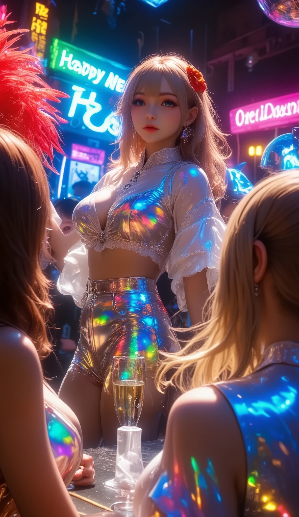 8K resolution, masterpiece, Highest quality, Award-winning works, A woman Drinking with female friends at the bar counter after drinking too much at a New Year's party, disco, dance party, cocktails, mirror ball, party cone hat, new year party decorations, party hat, シャンパン, Party popper, (big banner which says "Happy new year":1,4), (dancing passionately on the stage, holding a fancy fan with red feathers in both hands.:1.8)