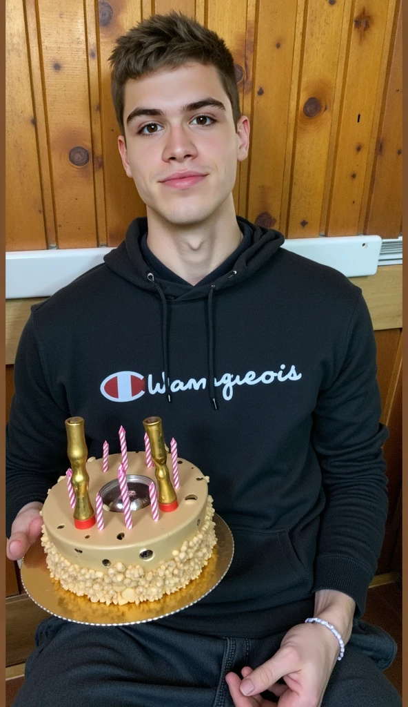 a muscular man without a shirt wearing the cap and pants of the Aston Martin F1 team of the year 2023 offering a birthday cake with the name "happy birthday Abril" on the cake. In the background of the image a group of shirtless young men on top of a Formula 1 car