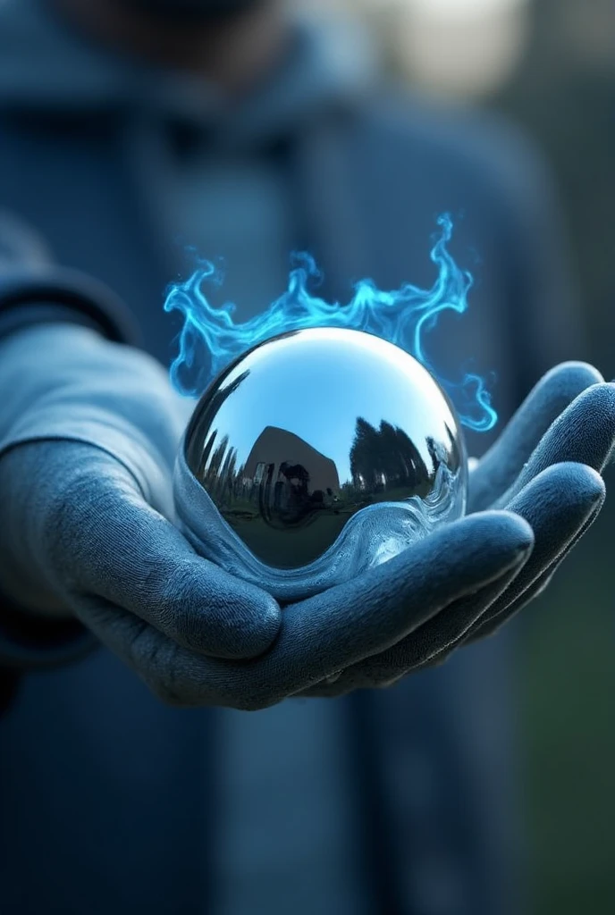 a petanque metal ball surrounded by blue energy, held by a hand wearing a sky-blue cotton glove