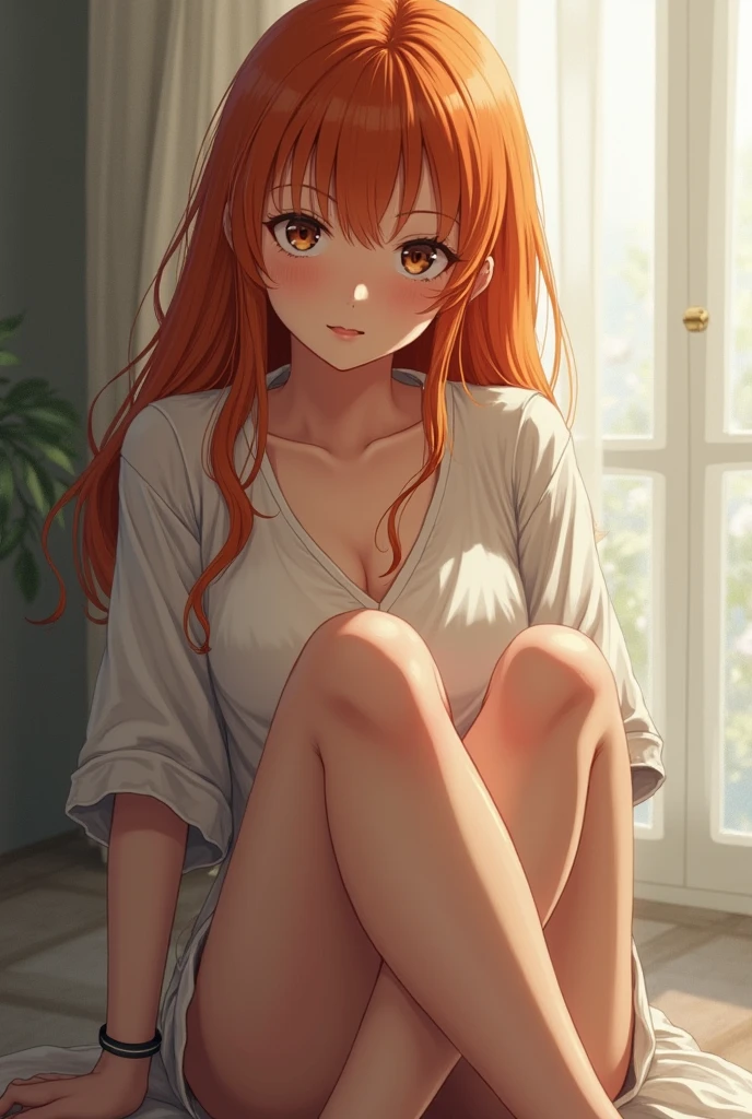 a portrait of a (soaking wet of a milk:1.2) redhead, freckles teacher is sitting on a porch,:  V-neck white shirt: 2], visible through the white top t-shirt, slate atmosphere, cinematic, dimmed colors, dark shot, muted colors, film grainy, lut, insane details, intricate details, hyperdetailed, closeup, twilight --auto --s2