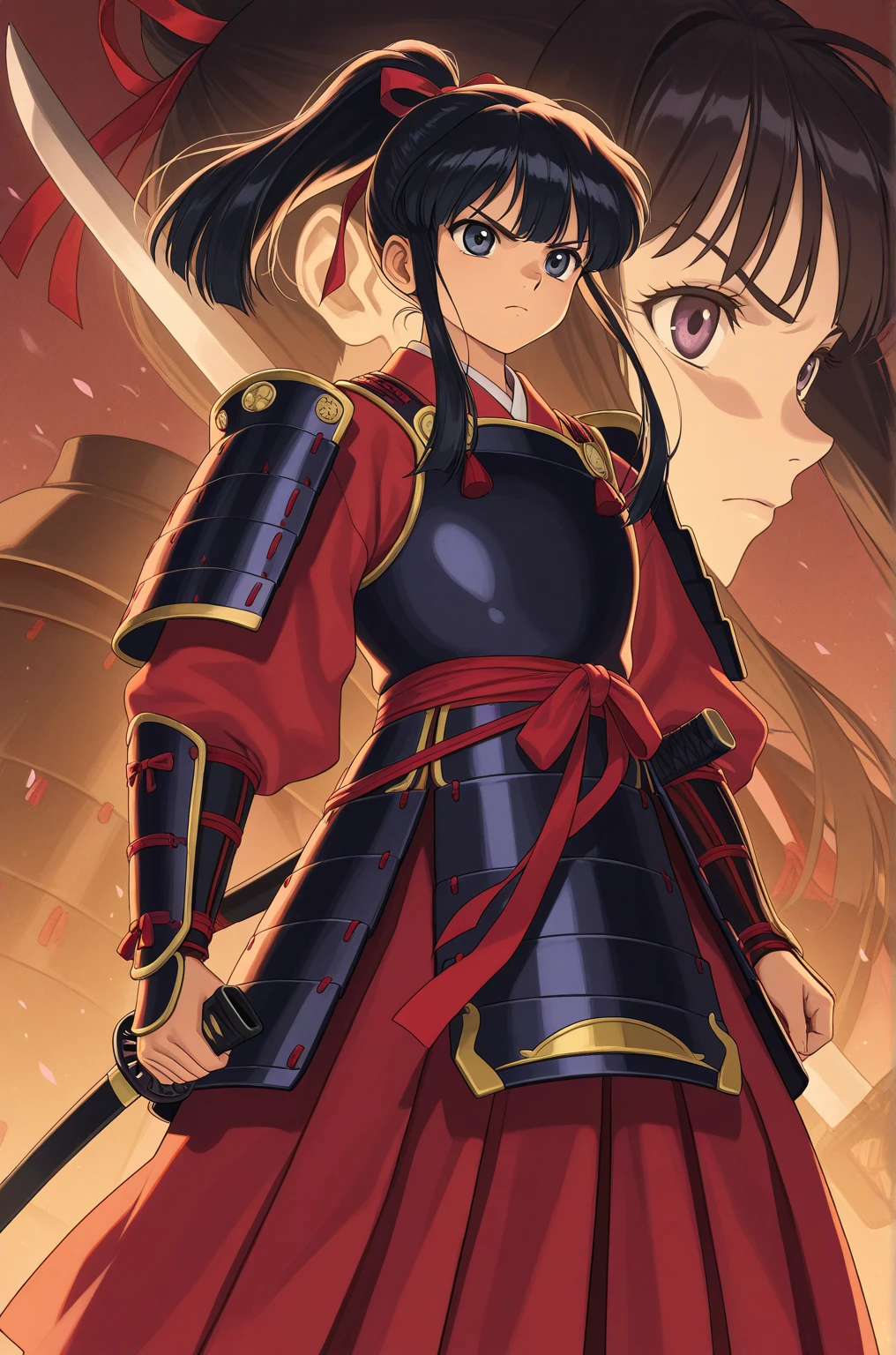  top quality , 's greatest masterpiece,  Highest Resolution ， (Traditional Japanese Samurai Armor), (Sakura Shinguji_Sakura Wars), （Moonlit Night_background）， red ribbon ， Ponytail，Black Hair， serious expression， pretty eyes， young woman，4K, （Only one person）， standing alone， sword in the background，(whole body)， anime style ，  hyper-detail, ( intricate details ),