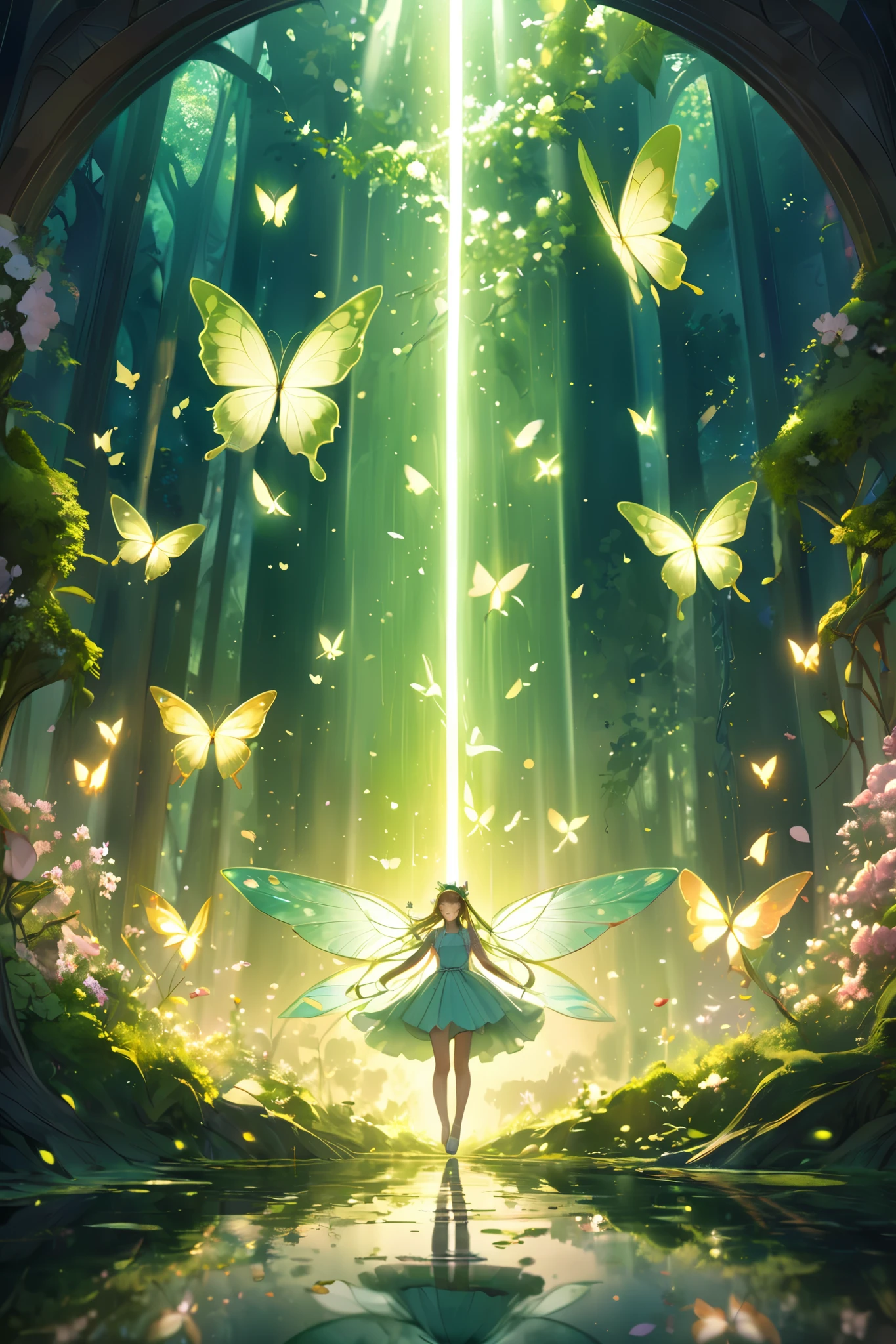 A detailed and vibrant fantasy scene featuring a surreal atmosphere: multiple glowing butterflies in shades of yellow and green flutter gracefully through the air, their intricate wings radiating light. The background showcases cascading beams of vertical light, blending with delicate cherry blossom petals softly falling in the air. The ground is a smooth, mirror-like surface that reflects the butterflies and the background elements perfectly, creating a symmetrical and ethereal effect. The overall environment combines elements of nature and fantasy, evoking a mystical, dreamlike fairytale world, with soft, glowing lighting enhancing the magical ambiance.