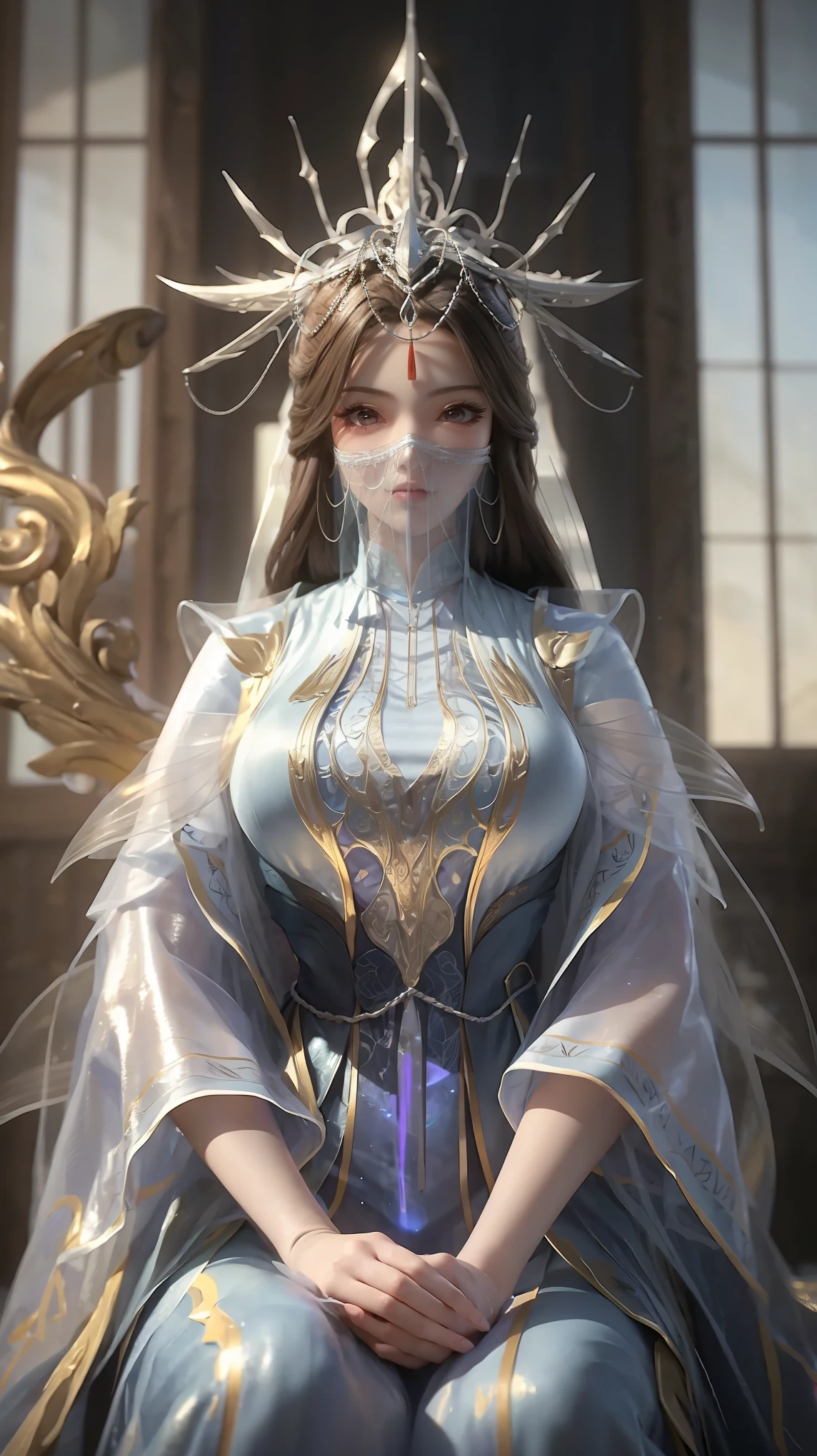 Arad woman in a dress sitting on a throne, cute anime waifu in a nice dress, very huge huge large fake breasts like it will burst out from her dress, trending on cgstation, 8K high quality detailed art, anime barbie in white, highly detailed exquisite fanart, Extremely detailed Artgerm, the anime girl is crouching, Flowing magic robe, Beautiful and attractive anime woman, WLOP 和 Sakimichan,With a translucent veil, and also a very powerful blue aura emanating around her body