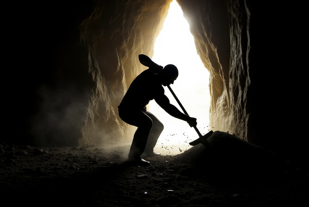 Silhouette,Silhouette of a man digging a tunnel、cave、rock