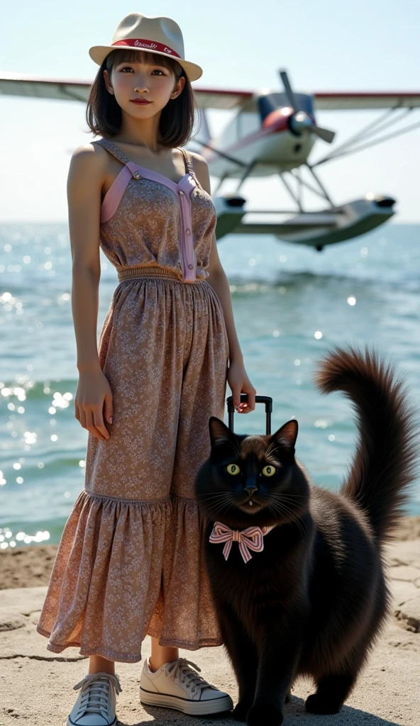 ultra-realistic, photorealistic, dramatic scene, shadow, global-illumination, solo, 1 girl\( 20 years old Japanese beautiful girl, beautiful with cute face, wearing a cute patterned one-piece dress with long skirt, pastel camisole, shoulder-length brown hair, accessories, simple sneaker, elegant hat\), 1 human-like giant black cat\( human-like giant black cat, bow tie, wearing a conservative aloha-shirt, slight taller than the girl, with her, wearing an dark colored aloha-shirt, holding a large suits case, little chubby\), the girl and human-like giant black cat are standing at the private flying boat port, (there is a flying boat with single propeller and equipped wing-mounted floats taking off from the sea), monoplane