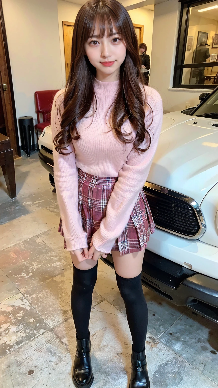 (8k、     RAW photos   、   top quality、masterpiece   :1.2)、(   realistic  、   realistic  )、1 person、((bangs、tights、 boots、Pink knit、 Long Sleeve 、smile、whole body、 Black Plaid Mini Skirt、Outdoors、City、Narrow waist、 curled hair 、  standing facing you   )、 cute