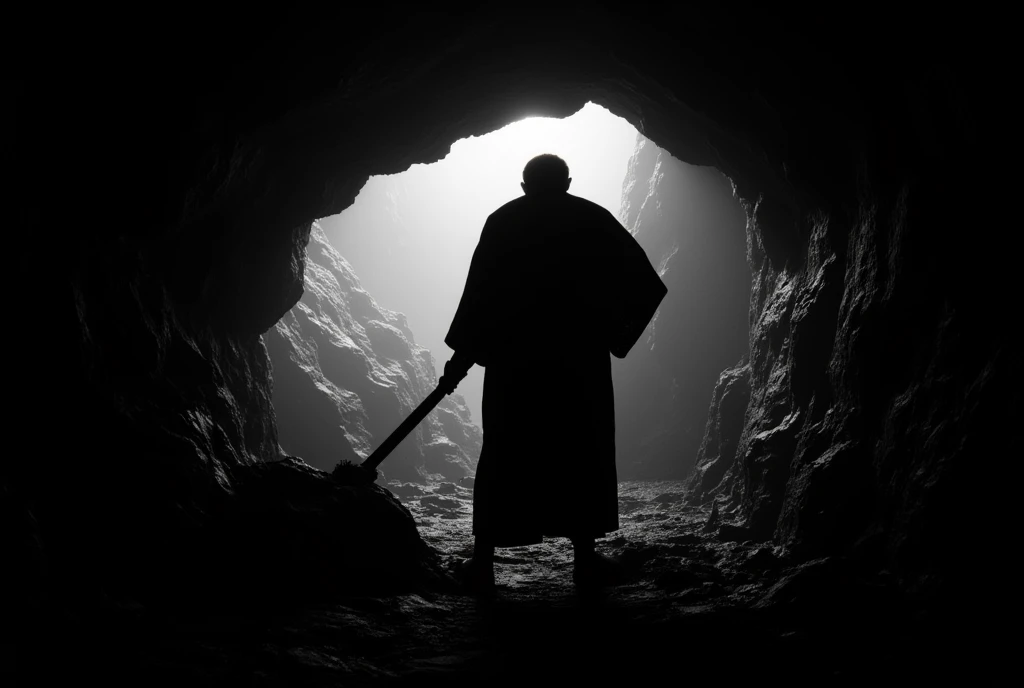 a man wearing a Japanese kimono,Silhouette,Silhouette of a man digging a tunnel、cave、rock