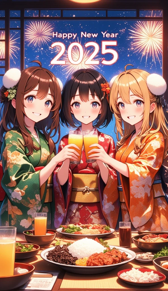 (masterpiece, high quality, high resolution, 4k, 8k, detail), 3 cute girls (1st: medium short brown hair, green rose pattern kimono, fluffy white hair scarf), (2nd: short black hair, red flower pattern kimono, fluffy white hair scarf), (3rd: long blond hair, orange flower pattern kimono, fluffy black hair scarf), (cute, sparkling eyes, smiling), (anatomically correct hands, fingers, body), New Year celebration dinner , toast with juice, Logo[Happy new year 2025], fireworks through window, art poster、wallpaper