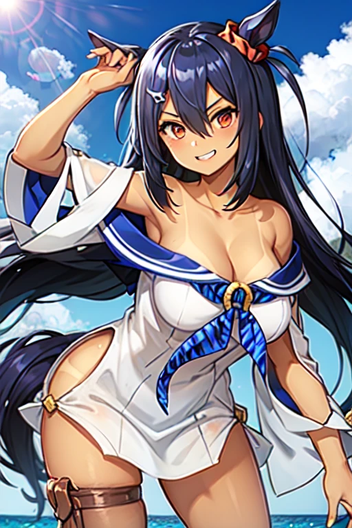 Hishi Amazon、One person、 girl 、best quality, blue sky, sailor collar, wide sleeves,  Blue Neckerchief , white shirt, sailor dress, thigh strap, blue footwear, tanlines, bikini tan, off shoulder, cleavage, bare shoulders,smug,grin