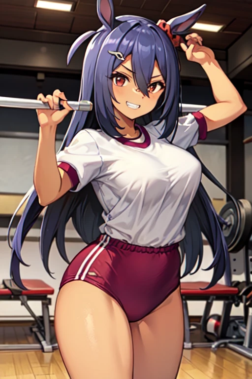 Hishi Amazon、One person、 girl 、best quality, smug,grin,gym uniform,red brown, white shirt, short sleeves, thighs,