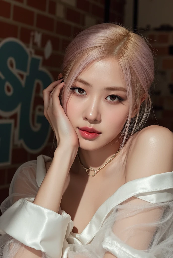 Realistic (photorealistic Realism), (high resolution), ((intricately detailed digital art)), professional photography, ((portrait) a [Rosé from blackpink]:1.3), (ultra realistic texture details: velvety skin, hair),(close- up eyes:1.3),((sharp focus, no blurry, high resolution, absurd quality, Realistic brown_eyes:1.4), intricately detailed:1.3), ((extremely fine details eyes)), ((extra narrow eyebrows)), (Carefully draw Long eyelashes), (perfect round eyes:1.3), (finely detailed pupils:1.3), ((extremely fine details pupils:1.3)), ((extremely fine details iris of the eyes:1.3)), (Shining, mesmerizing, Vibrant eyes:1.2), (professional makeup:1.4), ((perfect eyeshadows:1.4)), detailed lips:1.3, (apply glossy red_lipstick:1.34), (pink_makeup:1.3), (beautiful little nose), (perfect proportions:1.2),(small head),(anatomically correct), perfect female body, (firm and full breasts), (Super beautiful), (vivid and colorful), The attention to detail, focus of girl, dynamic pose, sexy and seductive, flirty smile, dslr, high quality split lighting, sharp focus captured by Fujifilm XT3, f 5.6, in a dramatic lighting, (perfect composition), (Style your hair, short hair, golden hair, curls at the ends of the hair, hair above one eye,(short blonde, combed to the side)), choker, ((Brick wall, Graffiti)), (oversized shirt,Outside the shoulder, transparent white shirt), exquisite balance of shadows, look at the viewer,