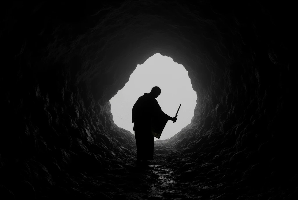 a man wearing a Japanese kimono,Silhouette,Silhouette of a man digging a tunnel、cave、rock