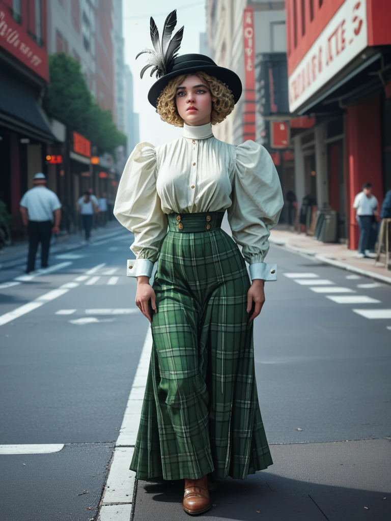 Alluring, voluptuous 14yo blonde Gibson Girl of the 1900s in a ((Gilded Age New York street, 1902)). High-neck red shirtwaist with long puff sleeves and ruffles on the cuffs and collar, wide-brimmed black hat with feathers, floor-length green plaid skirt, petticoats, silk stockings and buttoned ankle boots. (((Girl with her skirts blown by the wind, placing her hands on her crotch))). Curly blonde hair, light make up, D-cup tits, 10in waist, bubble butt. 1900_dr3ss. (Edwardian setting, people in 1900s clothing)