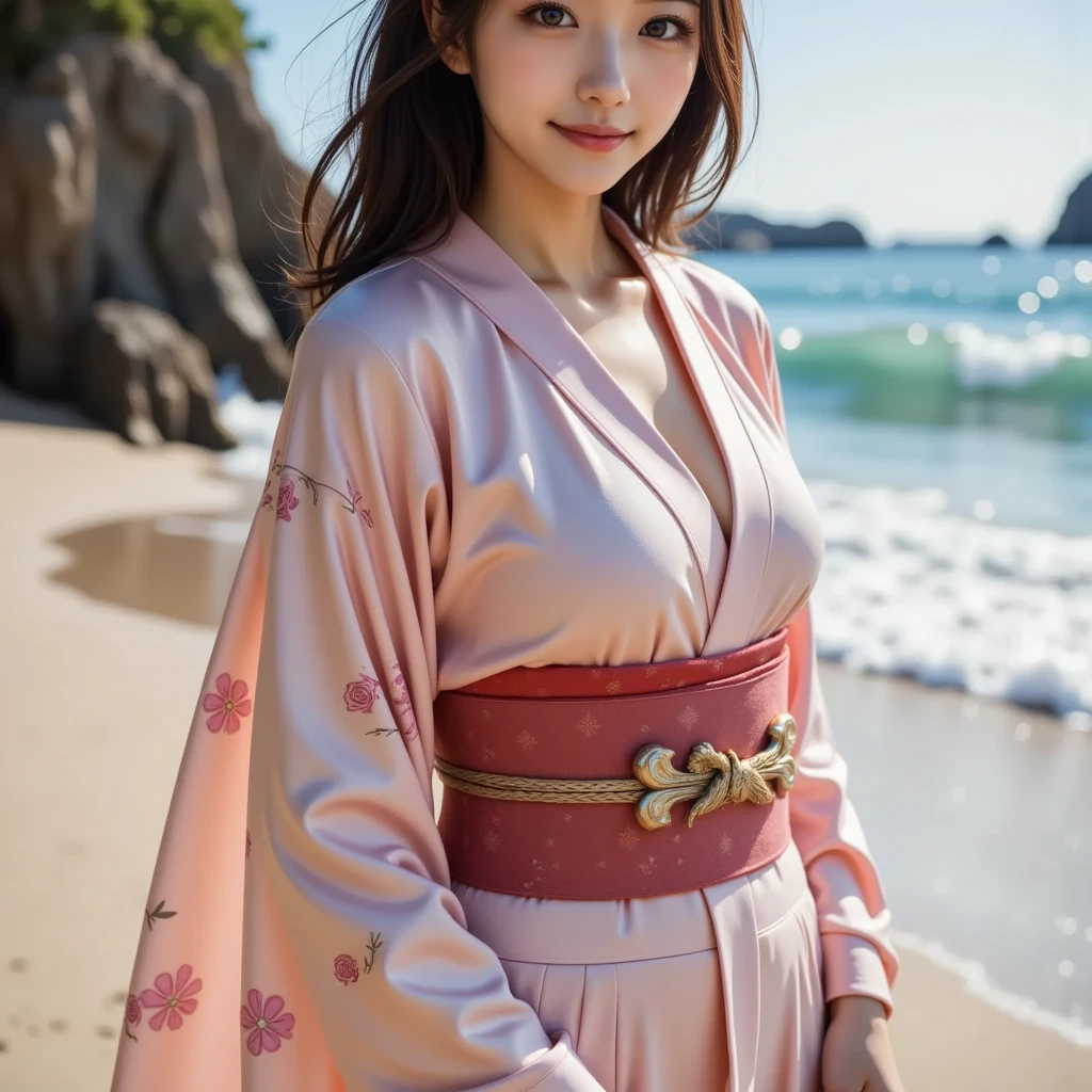 (masterpiece:1.2, top quality ), , one young woman ,break,((from her side,gorgeous kimono,:1.7),break,( big smile:1.4),break,(standing , Watch Viewers .:1.3),( is short, Very Slim Body :1.4),break, black wavy hair,(Beautiful and cute eyes),Blushed,  healthy skin, ,break,(beach, Watch Viewers .throw:1.3),(  cute background:1 ),break,text "HAPPY NEW YEAR",8k resolution,,break,(perfectly focused :1.3),,(, colorful ,:1),,( depth of writing),,Bokeh, ,Luminous and  colorful  lighting setup for model photography,lens flare,, cinematic lighting ,  ray tracing 、spot lighting