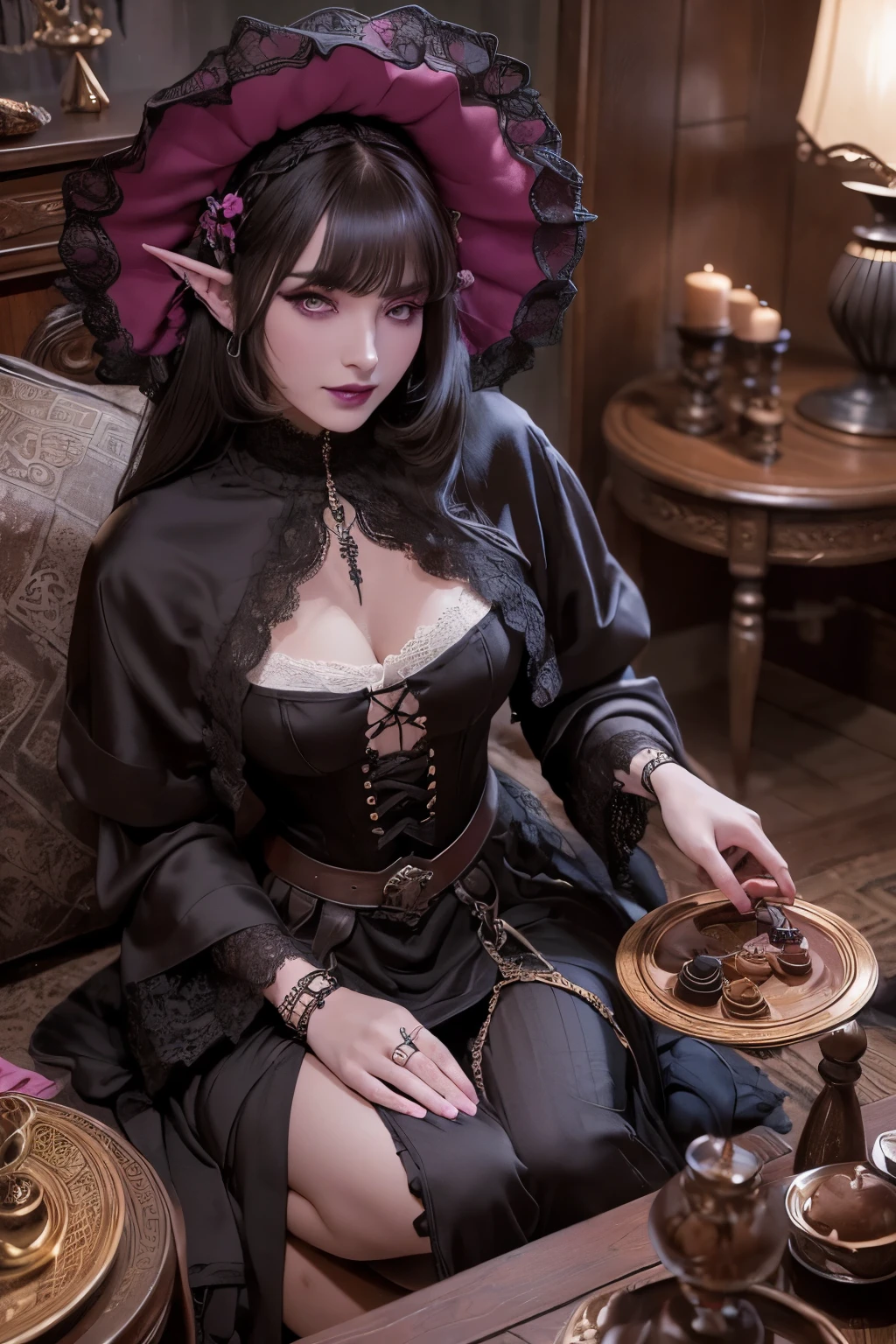 (Ultra-detailed face, Looking away, Gothic Illustration, Dark tone colors, Viewpoint from above looking down on the ground.), BREAK (The dark elf ladies are having a tea party with a magic Persian carpet floating in the center of a quiet, gently breezy lake with a deep mist, a small rococo round table in the center, and ladies sitting on rococo sofas, smiling and talking to each other. At the end of the carpet, an old butler watches over the ladies, smiling.), BREAK (The young dark elf ladies have brown hair and brown eyebrows, black hair and black eyebrows, gray hair and white eyebrows, blunt bangs, well-groomed chest-length hair, small pink lips, dark purple skin, and thick eyeliner.), BREAK (The dark elf ladies wear colorful bonnets, ribbon ties and scarves. They wear tight velour lace-up dresses printed with various seasonal floral patterns with lace ruffles. There is also a puff-sleeved dress. Around her waist she wears a long, colorful silk pareo. They wear glassy, sparkling mules. They wear anklets, bangles, rings, necklaces, and hair ornaments with scorpion motifs. They carry silk handkerchiefs.), BREAK (This is a vast lake spreading out among the mountains in the style of medieval Eastern Europe. The surface of the water gently ripples, creating an atmosphere of tranquility and peace. Mysterious ladies and butlers.)