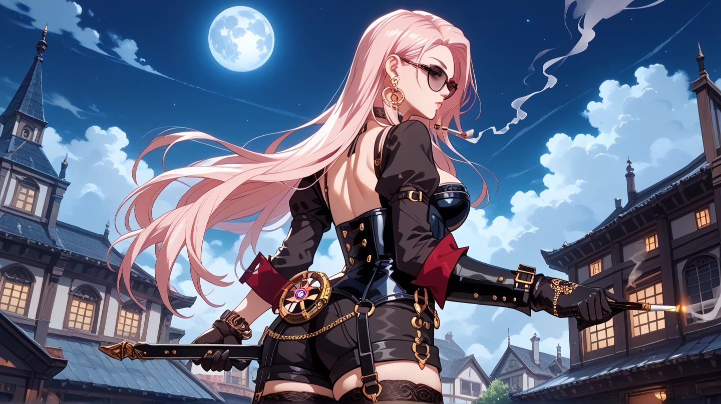 sexy SpectreDNF ,  pink hair, large earrings,  Long hair , corset, glasses,  o-shaped ring ,  choker , I wore a, body, socks, Gloves, large earrings,  shorts ,  transparent neckline ,  on the roof of a building, At night with moon ,  smoking a cigarette , pose sexy, from behind,