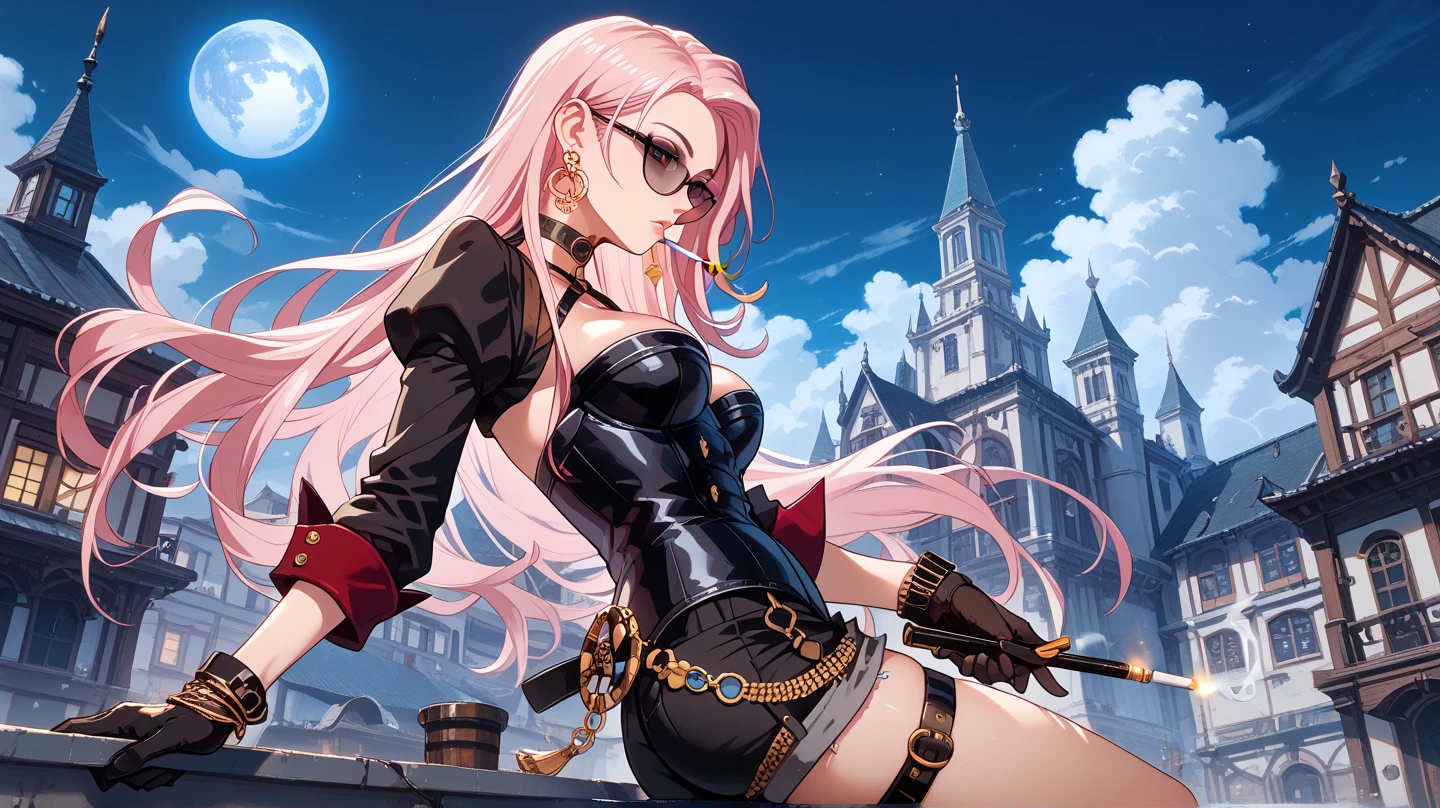 sexy SpectreDNF ,  pink hair, large earrings,  Long hair , corset, glasses,  o-shaped ring ,  choker , I wore a, body, socks, Gloves, large earrings,  shorts ,  transparent neckline ,  on the roof of a building, At night with moon ,  smoking a cigarette , pose sexy, from behind,