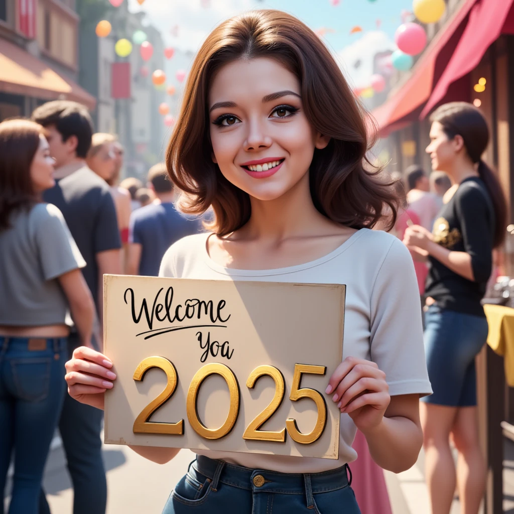 Goddess with a unique signboard ((as text "Welcome 2024"):1.5), Fireworks over the city at night by boat or ship。, Beautiful cityscape,, Learn more XL, tiarra, accessory, gorgeous robe, (photographrealistic:1.2)