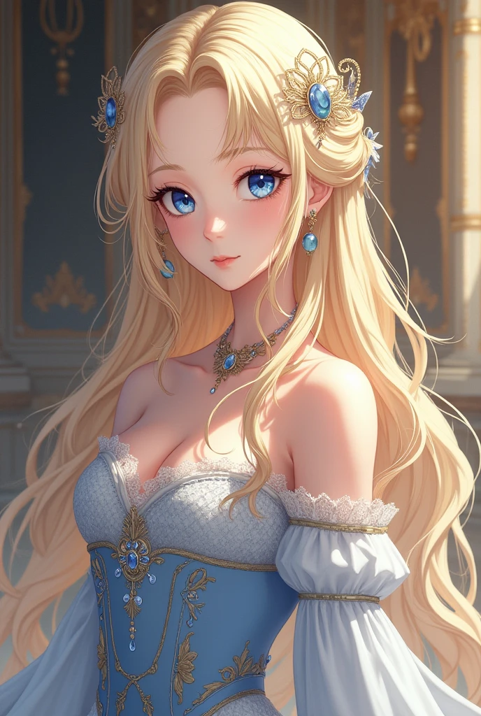 1girl, (shoujo-style:1.2), engraved, blonde hair, solo, long hair, flower, dress, tiara, white dress, gloves, long sleeves, choker, green eyes, mascara, makeup, white gloves, black bow, wavy hair, bow, jewelry, looking at viewer, white background, collarbone, cleavage, puffy sleeves, golden accessories, earrings, jewelry, upper body, parted bangs, very long hair, blue dress, frills, bangs, closed mouth, detailed eyes