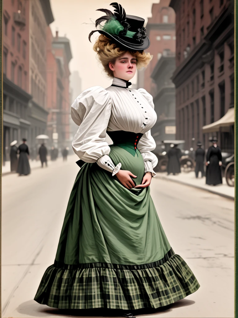 Alluring, voluptuous 14yo blonde Gibson Girl of the 1900s in a ((Gilded Age New York street, 1902)). High-neck red shirtwaist with long puff sleeves and ruffles on the cuffs and collar, wide-brimmed black hat with feathers, floor-length green plaid skirt, petticoats, silk stockings and buttoned ankle boots. (((Girl with her skirts blown by the wind, placing her hands on her crotch))). Curly blonde hair, light make up, D-cup tits, 10in waist, bubble butt. 1900_dr3ss. (Edwardian setting, people in 1900s clothing)