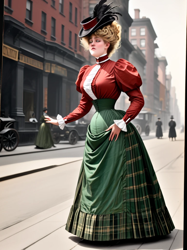 Alluring, voluptuous **yo blonde Gibson Girl of the 1900s in a ((Gilded Age New York street, 1902)). High-neck red shirtwaist with long puff sleeves and ruffles on the cuffs and collar, wide-brimmed black hat with feathers, floor-length green plaid skirt, petticoats, silk stockings and buttoned ankle boots. (((Girl with her skirts blown by the wind, placing her hands on her crotch))). Curly blonde hair, light make up, D-cup tits, 10in waist, bubble butt. 1900_dr3ss. (Edwardian setting, people in 1900s clothing)