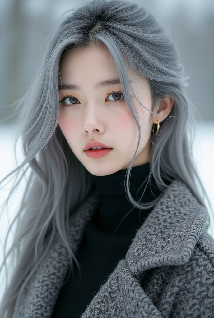 Korean girl with long gray hair, wearing winter clothes, make-up,32K, UHD, textura de pele 