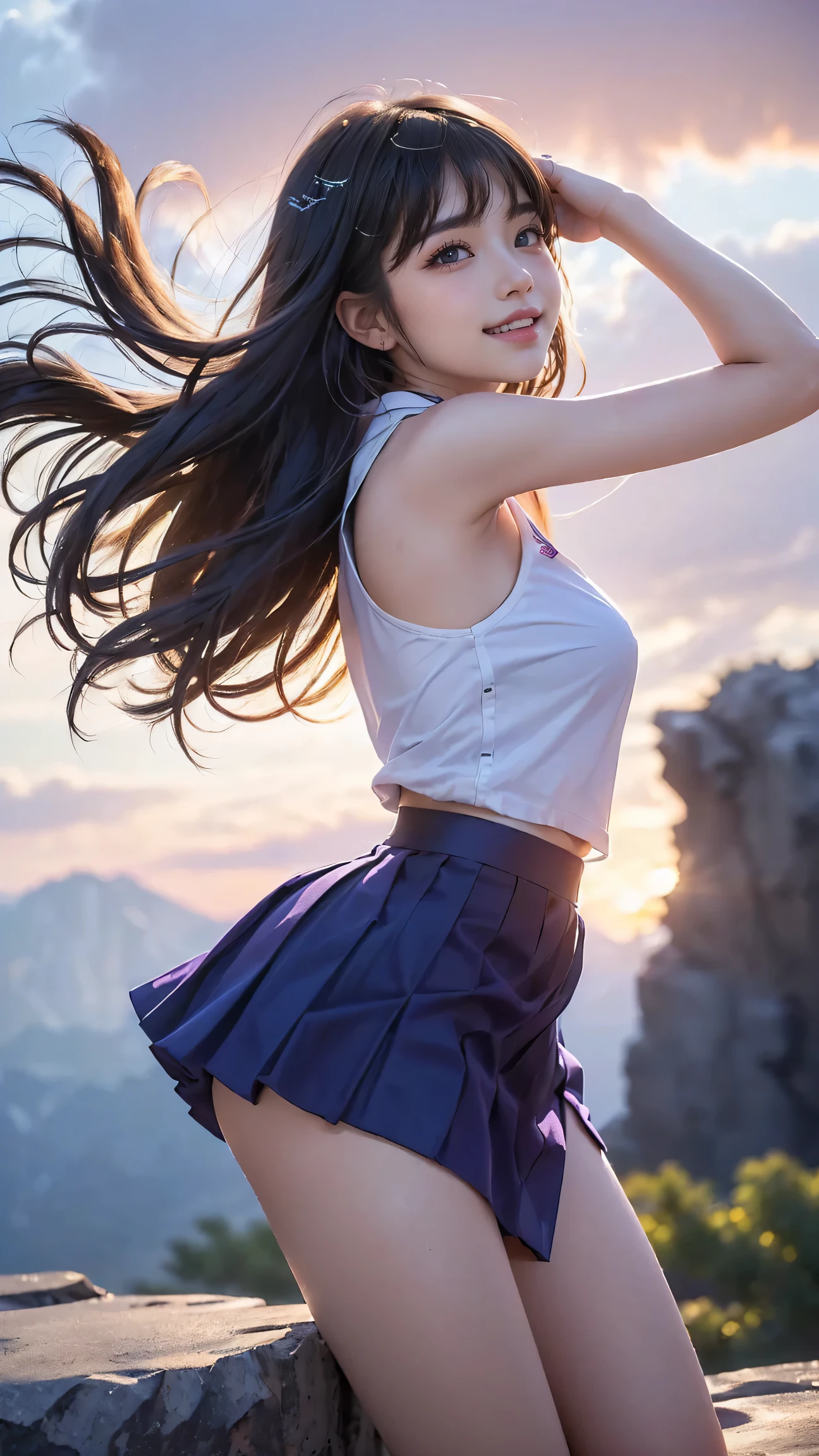 ((( top quality ))), ((masterpiece)), ( Details), ((solo)), (((((( high school girl in school uniform)))))), ((Delicate body)), ((((((((Skirt fluttering in the wind)))))))), (( white skin)), ((((((purple mystical light )))))), (((((((Angle of view that includes face and whole body))))))), ((( well-prepared face))), (( big eyes)), (((((Droopy eyes))))), ((((Closer Eyes)))), Slim beautiful buttocks, (((Glowing skin))), (((((( side angle )))))), (((( correct anatomy)))), share, ((((Stylish bangs)))), ((Short body)), ((((((outcrop)))))), (Slender legs), (((((Embarrassed face))))), (((((Raise your shoulders))))), ((((smile)))), ((((night)))), (((( on top of the hill)))), (((( excitement )))), ((((( open legs))))), Small face, ((sit)), (((Sideboob))), ((Groin)), ((difference)),