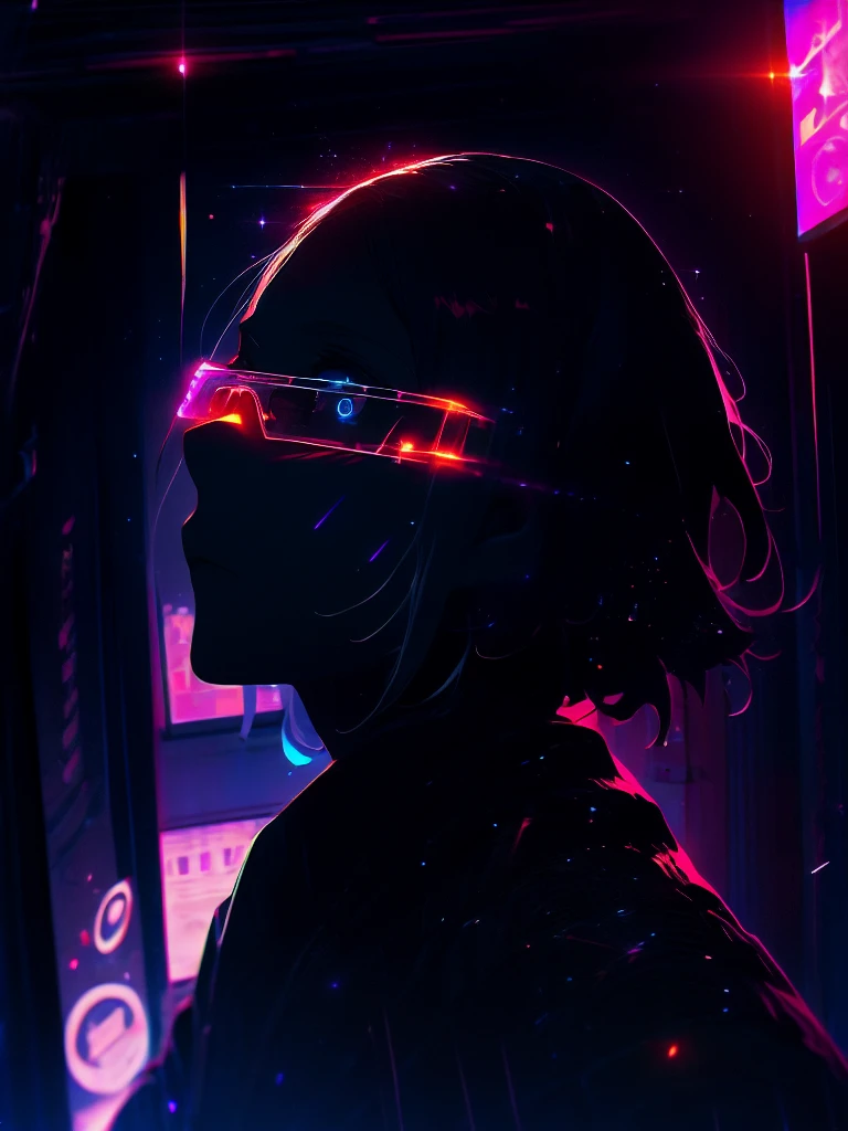 (best quality, ultra detailed), holographic, 1girl, solo, dutch angle, class room, at evening, cyber_glasses, blacklight, neon, darkroom, (glowing eyes:0.7), light particles, cinematic lighting, depth of field, gradation,