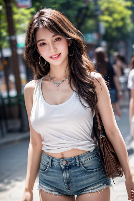 (masterpiece:1.5), high quality, aesthetic photo ,(HDR:1.3), pore and detailed, intricate detailed, graceful and beautiful textures, RAW photo, 16K, diffused sunlight, 8K, RAW photo, top-notch quality, exceptionally detailed RAW color photo, professional-grade photograph, (realistic, photorealistic:1.2), (highly detailed skin:1.1), ultra-high resolution, (lenz 80mm), (F/1.2), Extremely stunning and beautiful girl, 20 yo, very detailed and sharp facial features and expressions, very detailed and natural shinning hairs, curls, bangs, detailed and perfect symmetrical glossy eyes, detailed sharp nose, detailed glossy lips, detailed white glistening teeth, detailed symmetrical face, very detailed and perfect natural breasts, double eyelids, wearing tank top with denim shorts, on a busy street, necklace and earrings, flowers, cute and charming, gentle smile, looking at the viewer, perfect lighting, cinematic colour grading, soft focus, focus on girl, extremely detailed surroundings, highly detailed, detailed fabric rendering,