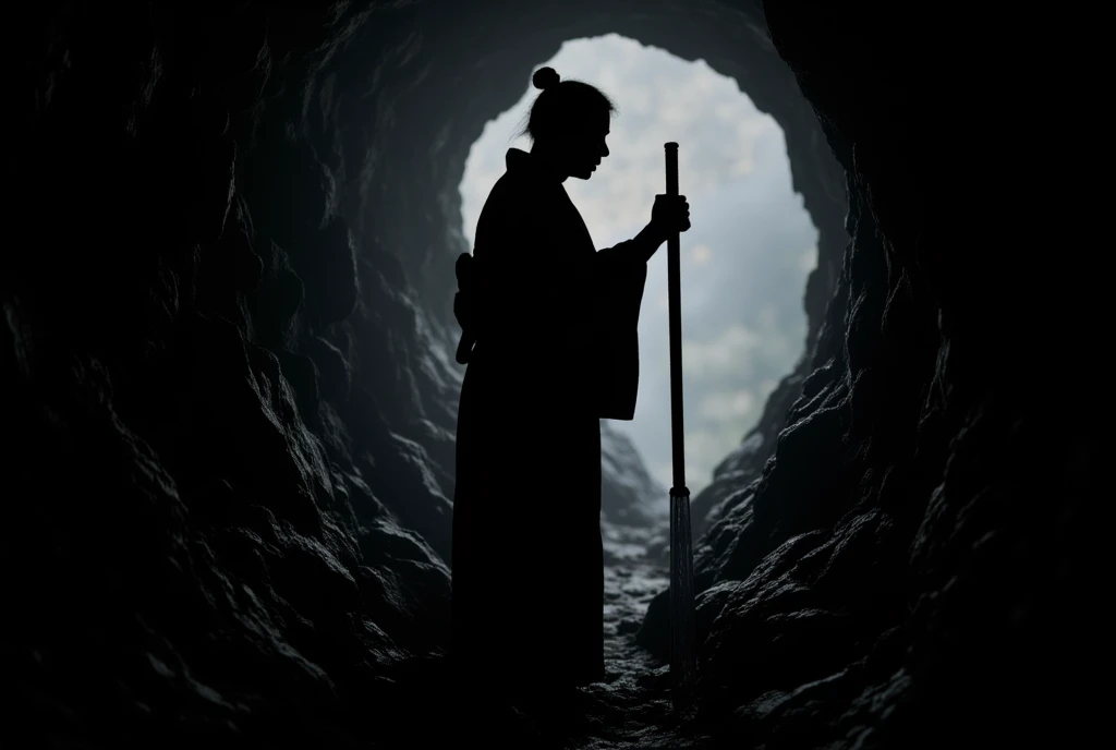 a man wearing a Japanese kimono,Silhouette,Silhouette of a man digging a tunnel、cave、rock