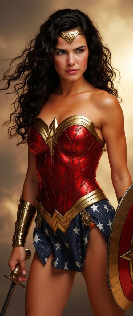 ((photo by full body))(best quality,realistic:1.2),Ana Paula Arosio in Wonder Woman costume,stunning,hyper-realistic,detailed eyes,luscious lips,dark flowing hair,muscular physique,fierce expression,glowing golden tiara,bright red and gold armor,shield and sword,powerful stance,heroic background,studio lighting,vibrant colors,sharp focus