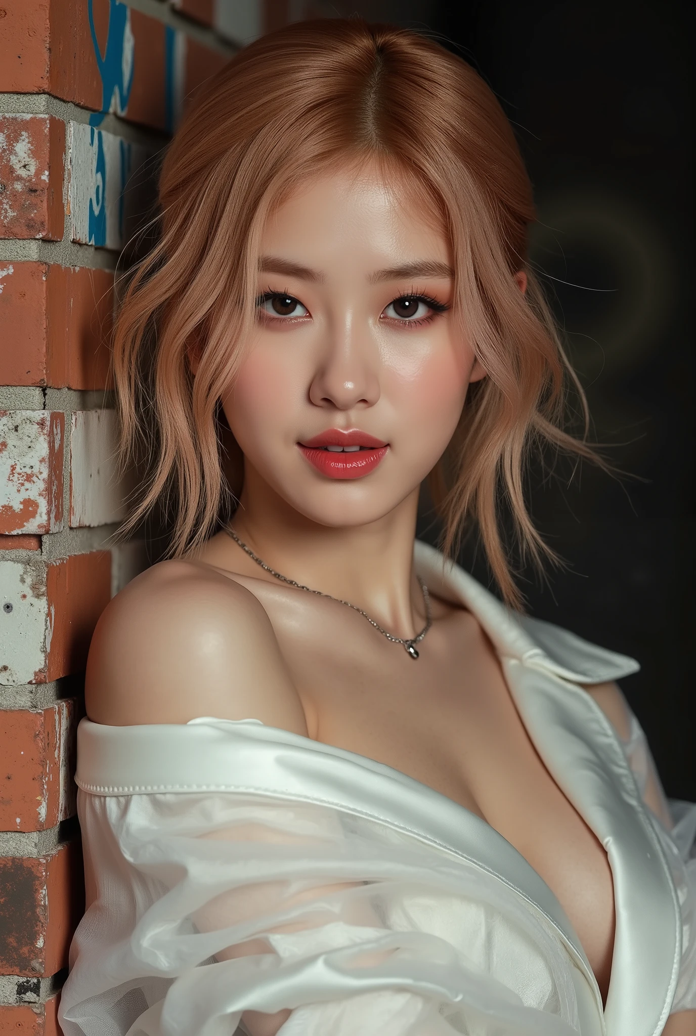 Realistic (photorealistic Realism), (high resolution), ((intricately detailed digital art)), professional photography, ((portrait) a [Rosé from blackpink]:1.3), (ultra realistic texture details: velvety skin, hair),(close- up eyes:1.3),((sharp focus, no blurry, high resolution, absurd quality, Realistic brown_eyes:1.4), intricately detailed:1.3), ((extremely fine details eyes)), ((extra narrow eyebrows)), (Carefully draw Long eyelashes), (perfect round eyes:1.3), (finely detailed pupils:1.3), ((extremely fine details pupils:1.3)), ((extremely fine details iris of the eyes:1.3)), (Shining, mesmerizing, Vibrant eyes:1.2), (professional makeup:1.4), ((perfect eyeshadows:1.4)), detailed lips:1.3, (apply glossy red_lipstick:1.34), (pink_makeup:1.3), (beautiful little nose), (perfect proportions:1.2),(small head),(anatomically correct), perfect female body, (firm and full breasts), (Super beautiful), (vivid and colorful), The attention to detail, focus of girl, dynamic pose, sexy and seductive, flirty smile, dslr, high quality split lighting, sharp focus captured by Fujifilm XT3, f 5.6, in a dramatic lighting, (perfect composition), (Style your hair, short hair, golden hair, curls at the ends of the hair, hair above one eye,(short blonde, combed to the side)), choker, ((Brick wall, Graffiti)), (oversized shirt,Outside the shoulder, transparent white shirt), exquisite balance of shadows, look at the viewer,