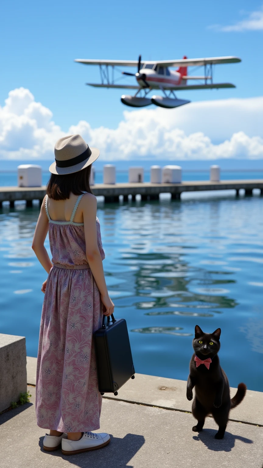 ultra-realistic, photorealistic, dramatic scene, shadow, global-illumination, solo, 1 girl\( 20 years old Japanese beautiful girl, beautiful with cute face, wearing a cute patterned one-piece dress with long skirt, pastel camisole, shoulder-length brown hair, accessories, simple sneaker, elegant hat\), 1 human-like giant black cat\( human-like giant black cat, bow tie, wearing a conservative aloha-shirt, slight taller than the girl, with her, wearing an dark colored aloha-shirt, holding a large suits case, little chubby\), the girl and human-like giant black cat are standing at the private flying boat port, (there is a flying boat with single propeller and equipped wing-mounted floats taking off from the sea), monoplane