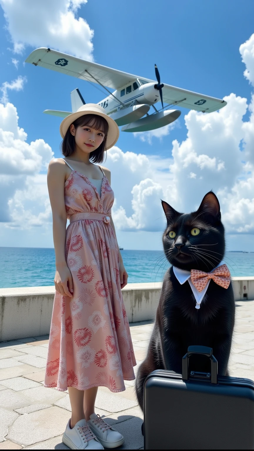 ultra-realistic, photorealistic, dramatic scene, shadow, global-illumination, solo, 1 girl\( 20 years old Japanese beautiful girl, beautiful with cute face, wearing a cute patterned one-piece dress with long skirt, pastel camisole, shoulder-length brown hair, accessories, simple sneaker, elegant hat\), 1 human-like giant black cat\( human-like giant black cat, bow tie, wearing a conservative aloha-shirt, slight taller than the girl, with her, wearing an dark colored aloha-shirt, holding a large suits case, little chubby\), the girl and human-like giant black cat are standing at the private flying boat port, (there is a flying boat with single propeller and equipped wing-mounted floats taking off from the sea), monoplane